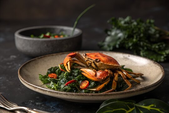 Crab and Callaloo &ndash; Caribbean Seafood Dish in Dark Aesthetic Food Photography