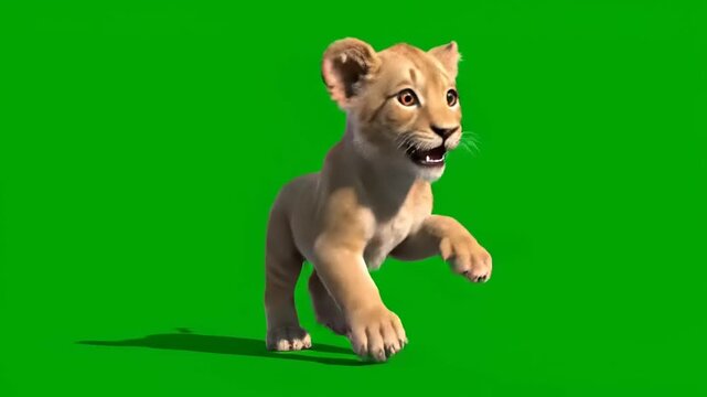 Captivating shot of a playful and adorable lion cub in an energetic stride against a vibrant green screen, ideal for chroma key compositing in diverse media projects and educational content