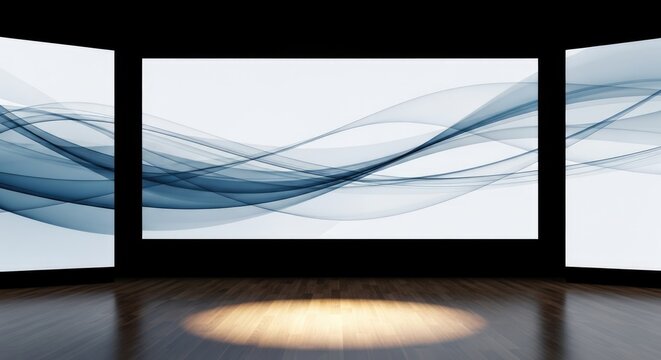 Modern Stage with Three Large Screens Displaying Abstract Blue Wave Graphics.