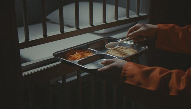 An inmate in an orange jumpsuit receives a humble meal through the cold bars of a prison cell, depicting the daily routine and restrictive environment of incarceration