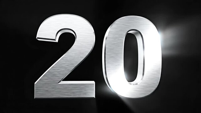 3D silver metallic number 20 with dynamic stage spotlights and lens flares isolated on a black background, representing a top twenty ranking or twentieth anniversary milestone.