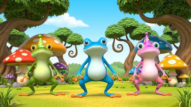Three colorful cartoon frogs wearing whimsical party hats strike a playful pose in an enchanted forest filled with vibrant mushroom trees and lush greenery, ready for a magical adventure