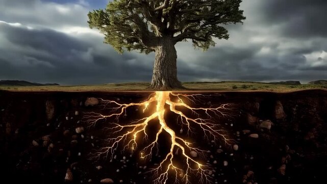 Tree of Life with Glowing Roots Beneath the Earth