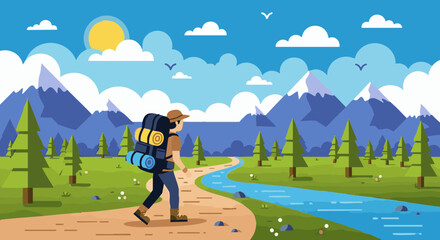 Man with backpack hiking on a trail through a mountain valley with a river and forest. Vector illustration. © Throm-Ka