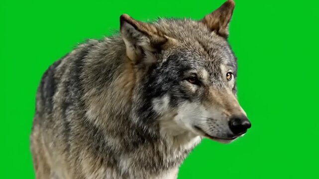 Isolated grey wolf, Canis lupus, close-up portrait, green screen background, alpha channel, wildlife, canine, animal, studio shot, natural, outdoors