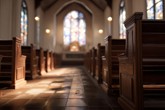 Minimalist church interior with empty wooden pews and soft light streaming through stained glass, serene and calm religious cresima background, wide angle view.