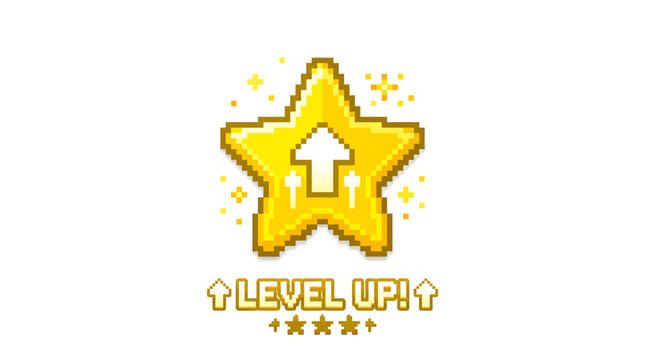 Pixel Art Golden Star Icon with Up Arrow and Level Up Text, Symbolizing Achievement and Progress in Gaming and Digital Media