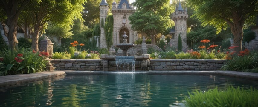 Water feature in a luxurious garden with a castle ,  nature,  chateau,  water feature