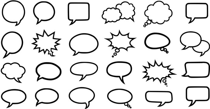 Vector Set of Black and White Line Art Speech Bubbles, Thought Bubbles, and Chat Icons for Communication and Design.