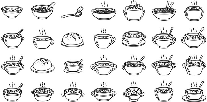 Black and White Line Art of Various Soups and Breads, Food Icons