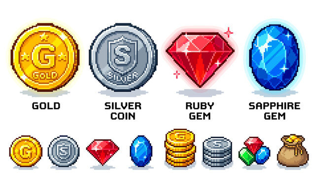 Collection of pixel art game assets including coins, gems, and a money bag, perfect for digital game development and retro-style projects
