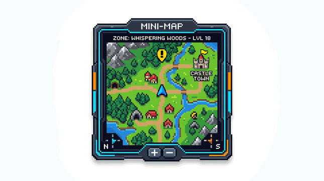 Pixel art fantasy game map on futuristic device, showing adventure path through woods, mountains, and river to a castle, ideal for game user interface design