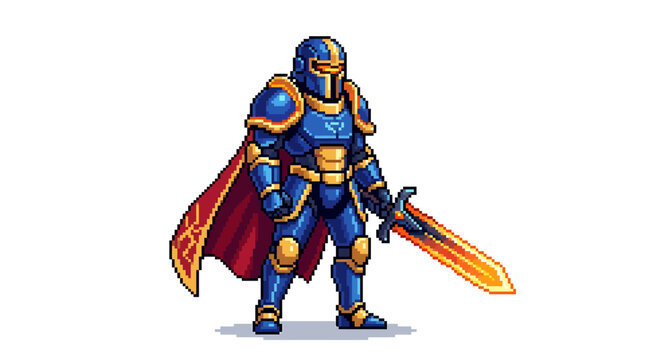 Pixel Art Knight Warrior in Blue and Red Armor with Fiery Sword Illustration