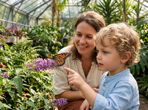 A woman and a child are happily observing a butterfly up close in a garden