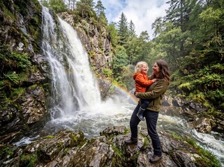 Obraz premium A mother holds her child in front of waterfall