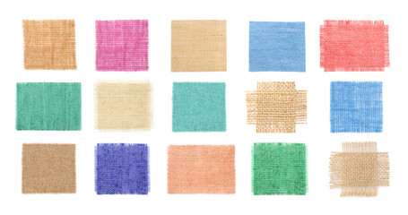 Fototapeta premium Pieces of natural burlap fabric in different colors on white background, set