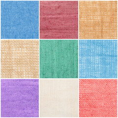 Fototapeta premium Pieces of natural burlap fabric in different colors as background, set