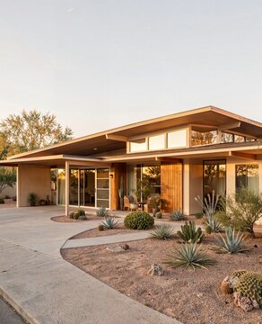 Mid-Century Modern House Exterior Golden Hour Low Pitched Roof Clerestory Windows Butterfly Roof Carport Desert