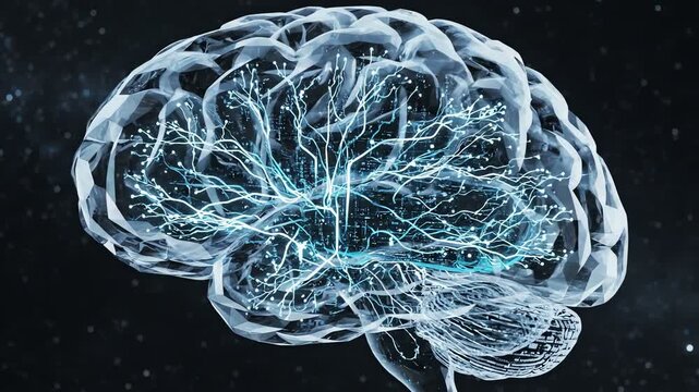 Abstract glowing brain with neural connections in starry space background