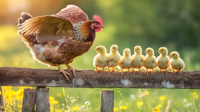 Mother Hen Watching Baby Chicks On Farm