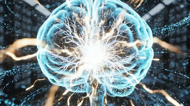 Abstract glowing 3D brain hologram with data particles in a futuristic server room.