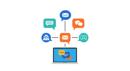 Fototapeta premium Digital communication symbols on laptop. Vector Illustrations. EPS Editable