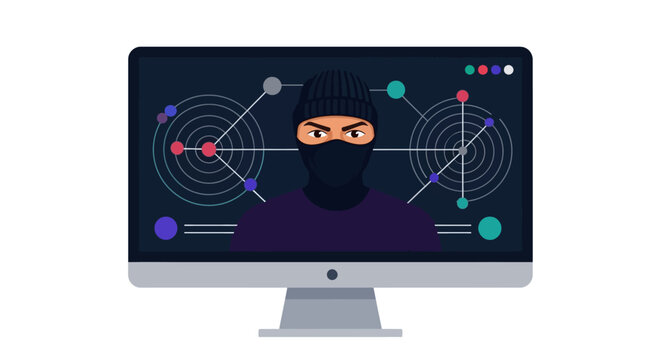 Hacker on computer screen with mask. Vector Illustrations. EPS Editable