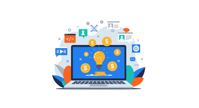 Laptop with icons on screen display. Vector Illustrations. EPS Editable