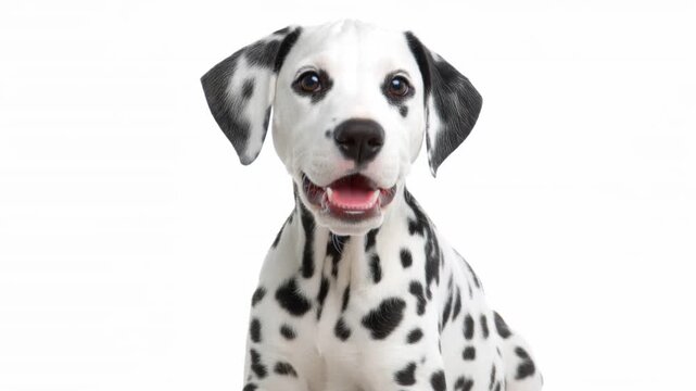 Happy Dalmatian Puppy Sitting On White, Barking