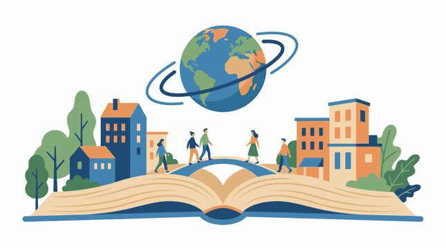 Open Book World City People Education Concept. Vector Illustrations. EPS Editable