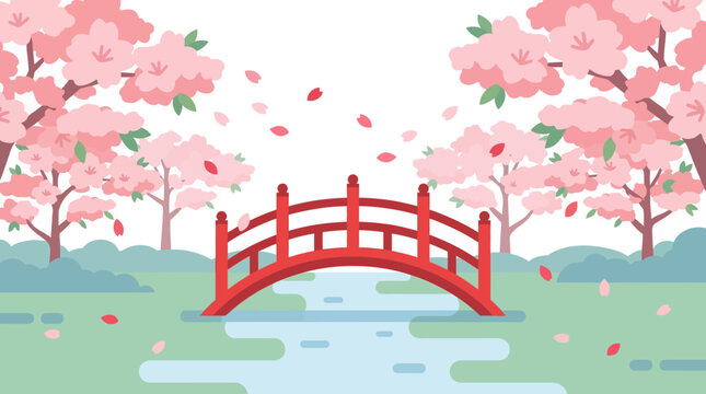 Red bridge over small stream 1. Vector Illustrations. EPS Editable