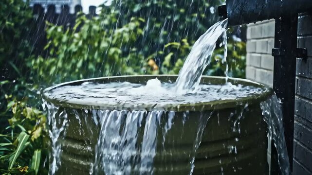 Rainwater harvesting from downspout into a barrel during a garden shower