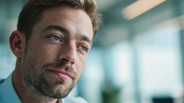 Medium close-up of a business casual professional nodding during an interview, modern office interior, daylight through large windows.