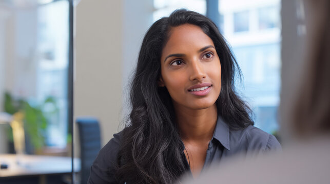 Ethnic person answering questions in a professional interview, medium close-up, well-lit office environment, natural and relaxed posture. with copy space