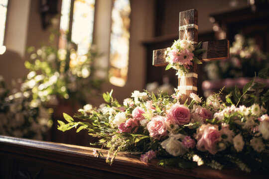 Decorative floral arrangement around wooden confirmation cross on altar, soft morning sunlight highlighting textures, peaceful spiritual cresima setting, shallow depth of field. with copy space
