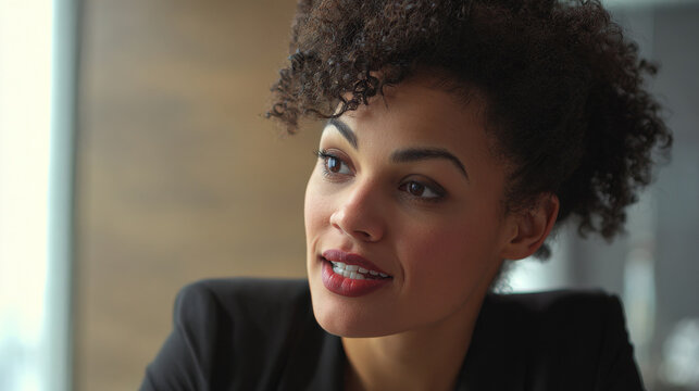 Close-up medium shot of a diverse ethnic person during a professional interview, natural expression, soft natural lighting, modern office background, shallow depth of field. with copy space