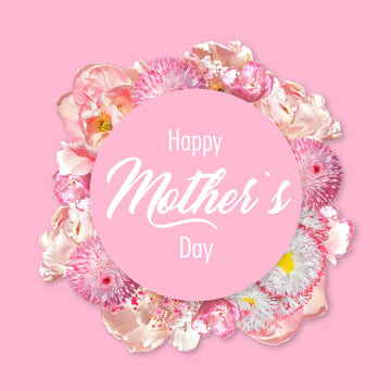 Happy Mothers Day greeting card with frame and pink and white flower circle border over a pink background