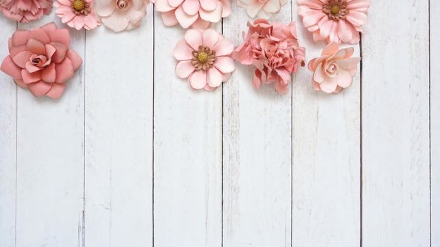 Happy Mothers Day moving top border with pink paper flowers and gift tag. Overhead view stop motion video on a white wood background.