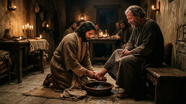 Jesus Washing Disciples Feet during Last Supper, Maundy Thursday Scene