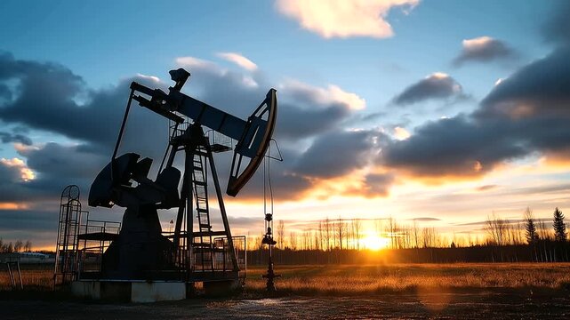 Sunset over oil pump jack in open field with dramatic sky and silhouetted landscape, rural energy production concept, defocused background, with copy space