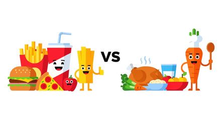 Fototapeta premium Healthy Food vs Unhealthy Food Comparison Illustration