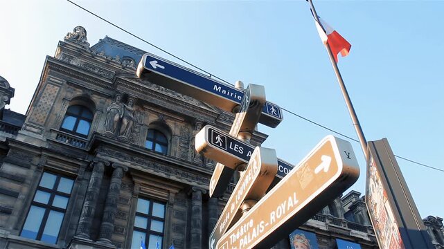 Street Direction Signs Near Classic French Palace, Paris, France - 4K