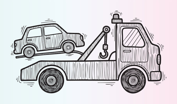Flat design tow truck towing a small car illustration