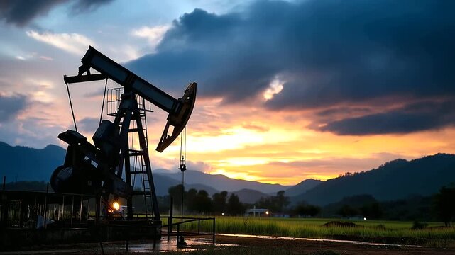 Oil pump jack standing silhouetted against stunning sunset, picturesque rural landscape with expansive fields and colorful sky concept, defocused background, with copy space