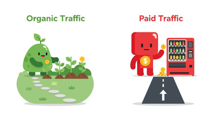 Fototapeta premium Visualizing contrasting approaches cultivating organic reach versus investing in paid marketing for business growth