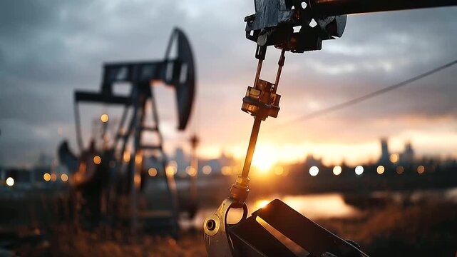 Close-up of illuminated oil pumpjack standing tall against scenic evening landscape, warm glowing light casting dramatic shadows and textures on industrial machinery concept,