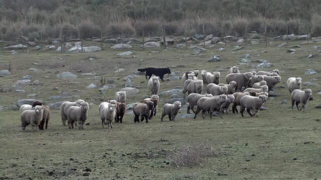 Herding Dog Guiding Sheep Flock Across Rocky Pasture in Argentine Countryside - 4K
