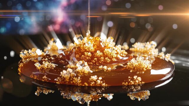 Extreme macro shot of viscous amber liquid crystallizing into gold clusters on black reflective surface with lens flares