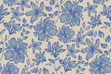 Vintage floral ethnic tapestry modern embroidery texture boho design vector illustration hand drawn silhouette indigo blue flower motif branches leaves wallpaper seamless background border. © Wita Pixs