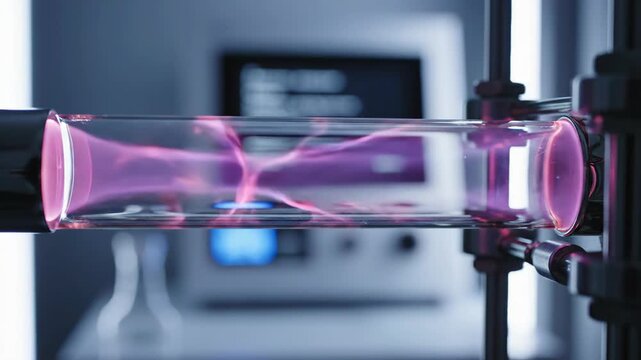 Magenta plasma discharge glowing inside glass laboratory cylinder with electric arcs and industrial equipment